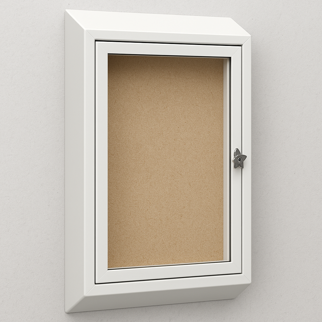 Wall-mounted secure noticeboard with a white metal ligature-resistant frame, sloped edges, lockable shatterproof polycarbonate door, and cork-style backing—designed for tamperproof use in healthcare and behavioral environments