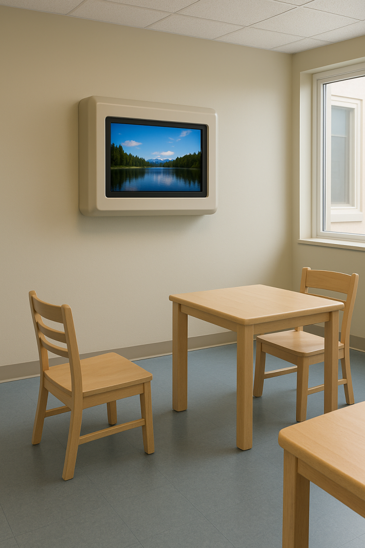 Safe TV in a mental health ward dayroom, enclosed in a ligature-resistant case, wall-mounted above wooden tables and chairs in a bright, calming space.